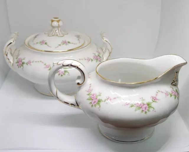 K&A Krautheim Selb Bavaria Vintage Sugar and Creamer Set W/Lid Pink Roses Gloria 2