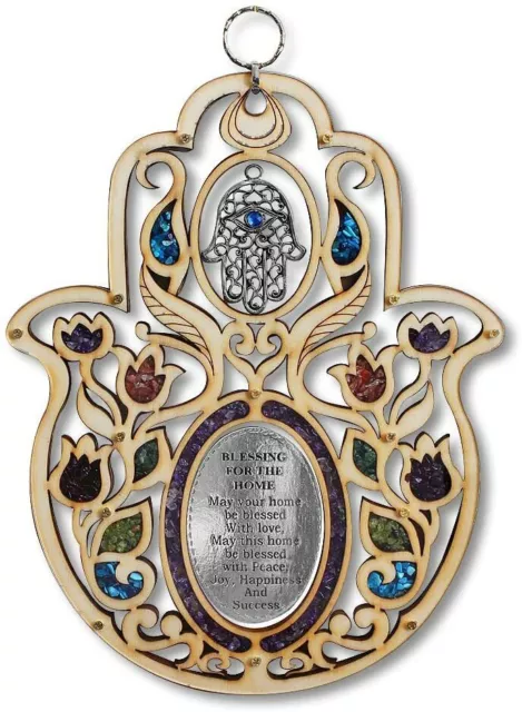 Hamsa Home Blessing Hand Of Fatima Wooden with Semi-precious Stones Plaque