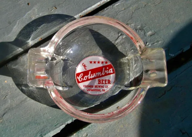 Vintage Columbia Beer Round Glass Ashtray Shenandoah PA Red White .