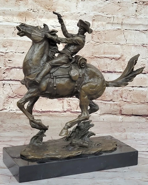 SIGNED REMINGTON COWBOY Charges Bronze Sculpture Statue Marble Base Art