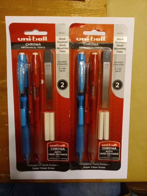 2 pk=4 Uni-Ball Chroma Mechanical Pencils Blue/Red 0.7mm, HB #2 Lead + Erasers