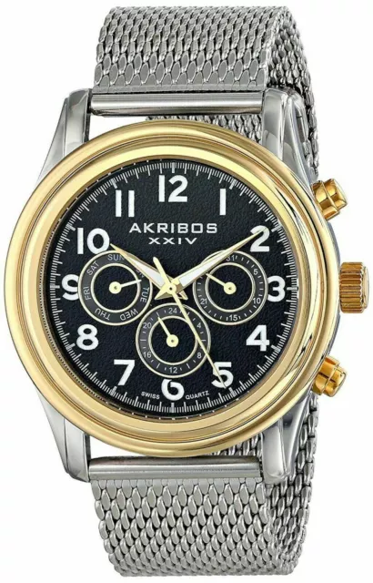 NEW Akribos AK747YGB Mens Day/Date Black Dial Gold Accent SS Mesh Bracelet Watch