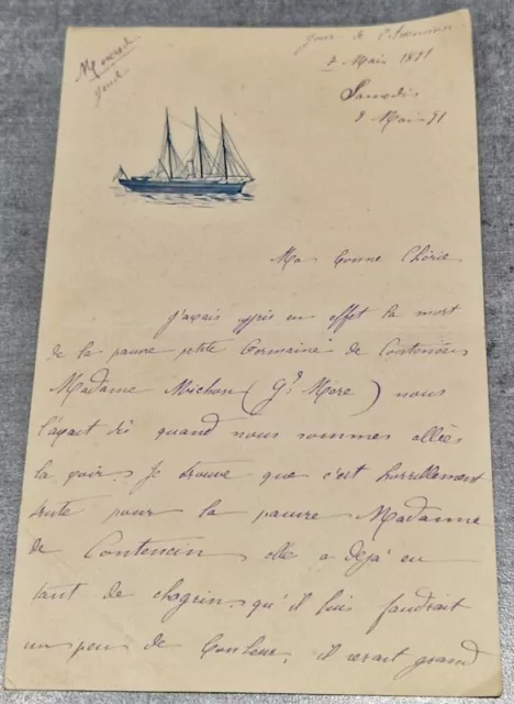 Antique 1891 Lettre manuscrit courrier décor navire voilier bâteau à vapeur