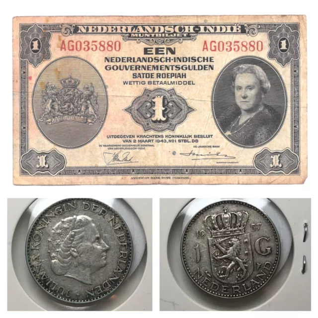 Netherlands & Netherlands East Indies Gulden Silver Coin & Banknote WWII