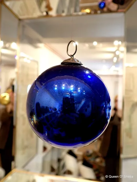 Christmas Ornament Kugel Antique Cobalt Blue Round Mercury Glass Witch Ball~