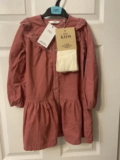 girls marks and spencer pink cord dress with tights 2 piece set age 5-6 BNWT