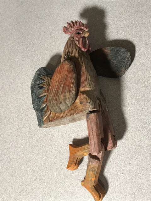 Vintage Wood Hand Carved and Painted Rooster Figurine Folk Art 11” tall
