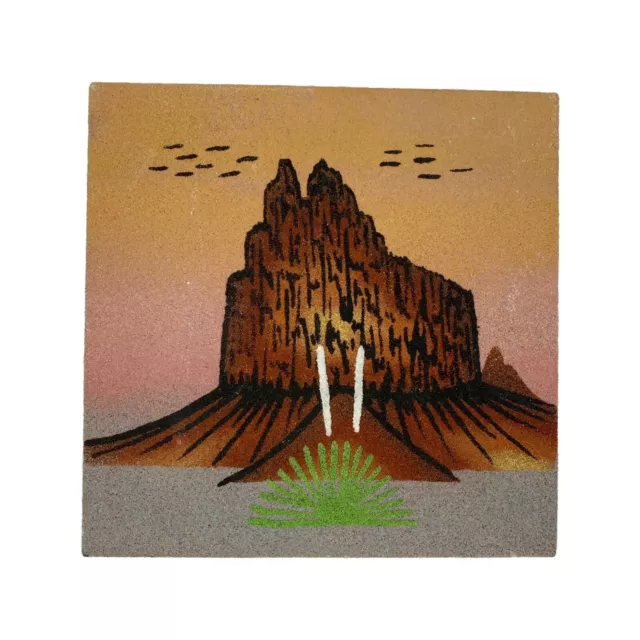 Vtg Sand Painting Native American Sunset 6x6 Landscape Sandpainting Multicolored