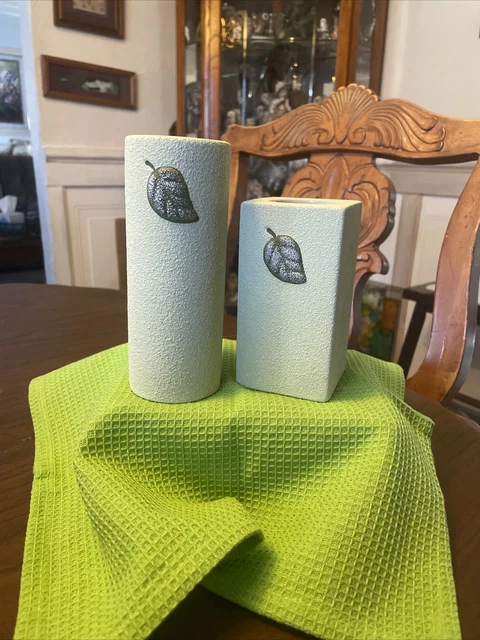 PartyLite Meadow Breeze Candle Holder Tealight Green Leaf Square Pillar Set Of 2