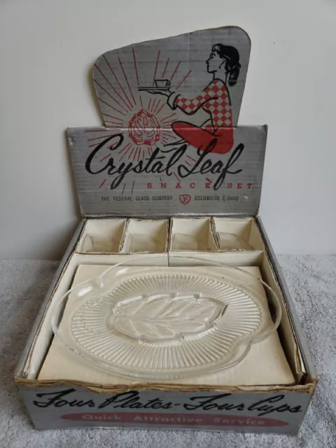 Vintage 50s Federal Glass,Snack Set -Crystal Leaf with 4 Trays 4 Cups V-1