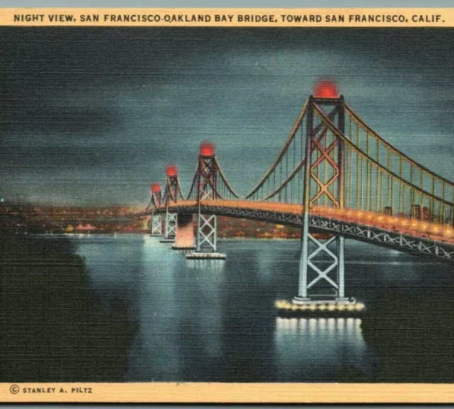 Night View San Francisco Oakland Bay Bridge Vintage linen Postcard California CA
