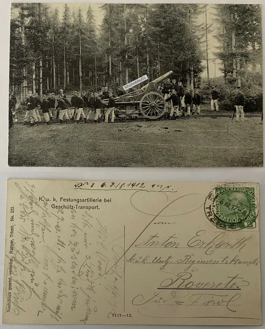 Cartolina KUK Festungsartillerie bei Geschütz-Transport da Trento verso Rovereto