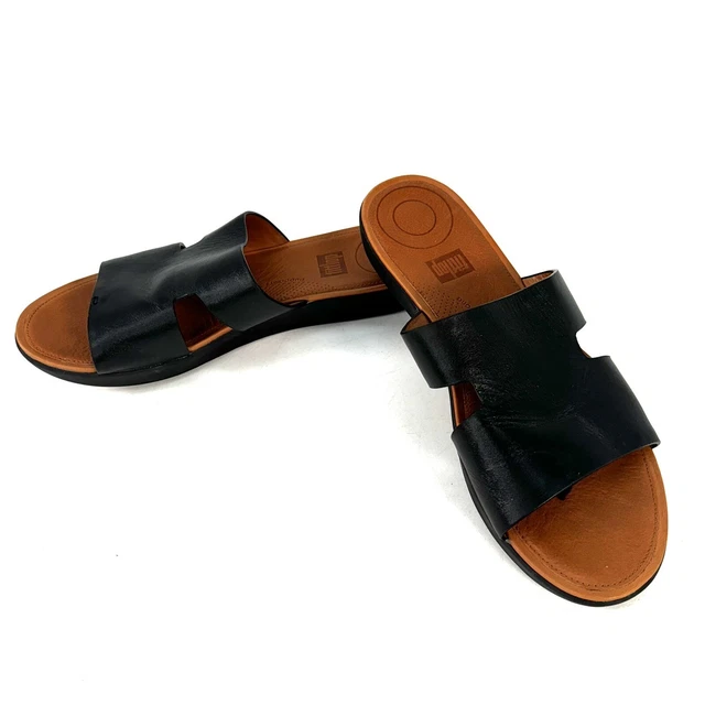 Fitflop H-Bar Leather Slide Sandal Woman’s Size 9 Shoes Black Comfort Casual