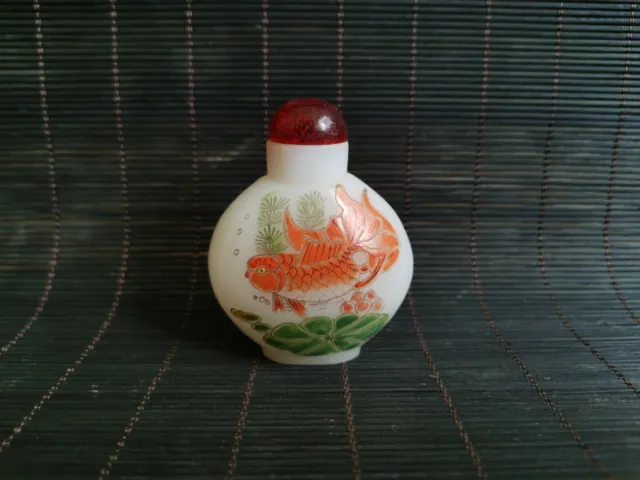 Chinese Coloured glaze Handmade Draw gold fish lotus Exquisite Snuff bottle