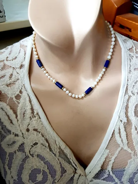 Vintage Collier Kette Süßwasser ZUCHTPERLEN + LAPIS LAZULI + 925 Sterling Silber