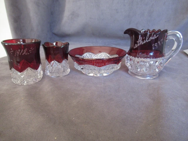 Antique EAPG Ruby Stain Souvenir Glass Collection Shot Glasses Creamer Bowl