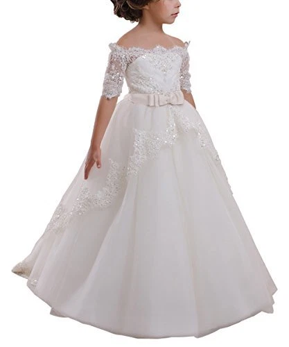 Elegant Flower Girl Lace Beading First Communion Dress 2-12 Years Old All Ivo...