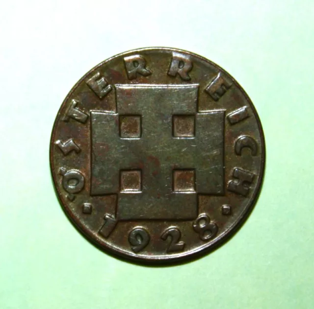 S10 - Austria 2 Groschen 1928 Uncirculated Bronze Coin - Thick Cross 2