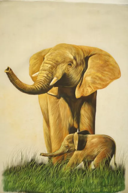 Mano Realistico Art Elefante Dipinto Su Seta Panno Arredo Casa 55.9x68.6cm