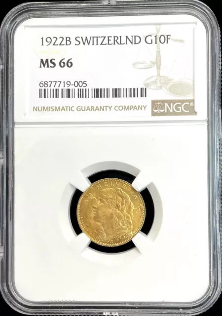 1922 B Gold Switzerland 10 Francs Helvetia Coin Ngc Mint State 66
