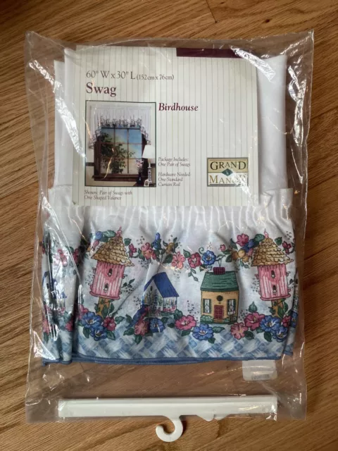 Vintage Curtain Swag Pair Birdhouse Grand Manor 60”x30” Cottage Cute NOS Flowers
