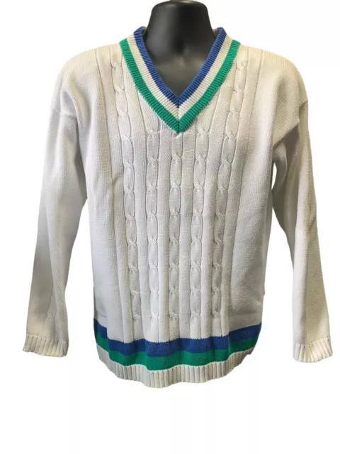 VINTAGE MENS V-NECK Tennis Sweater Preppy Cable Knit 100% Cotton Size S ...