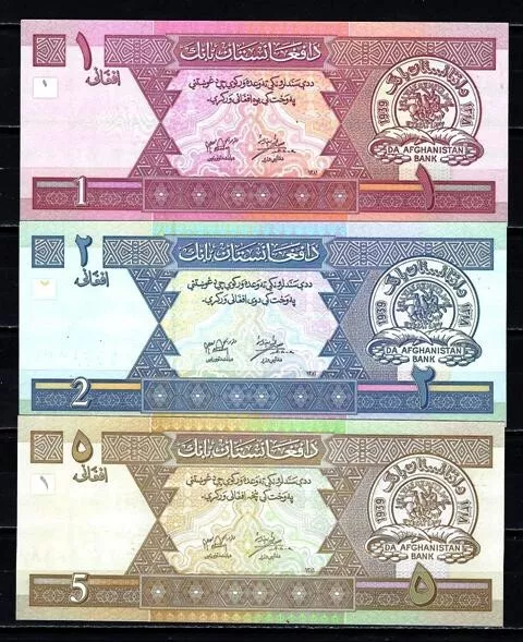 Afghanistan 2002 Ticket New Unc's 1-2-5 Afghanis Pick 64-65-66 Sh 1381