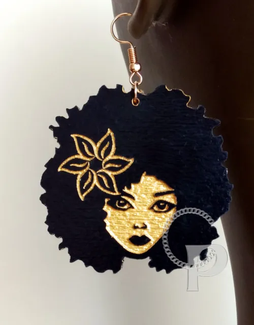 Laser cut  wooden earrings Afro girl silhouette Africa in black and gold large