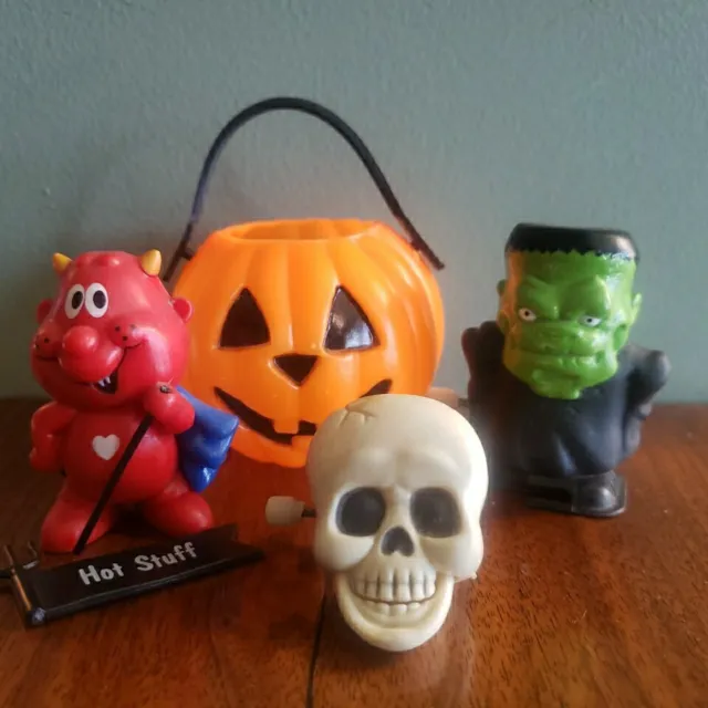 Vintage Halloween Wind Up Skull Frankenstein & Hot Stuff Devil Jack O Lantern