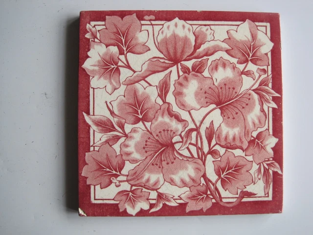 Antique 6" Victorian Wedgwood Pink On White Transfer Print Floral Wall Tile