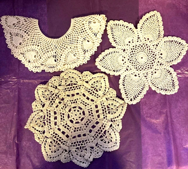 Vintage Crochet Pineapple Childs Collar with Button Closure and 2 Doilies
