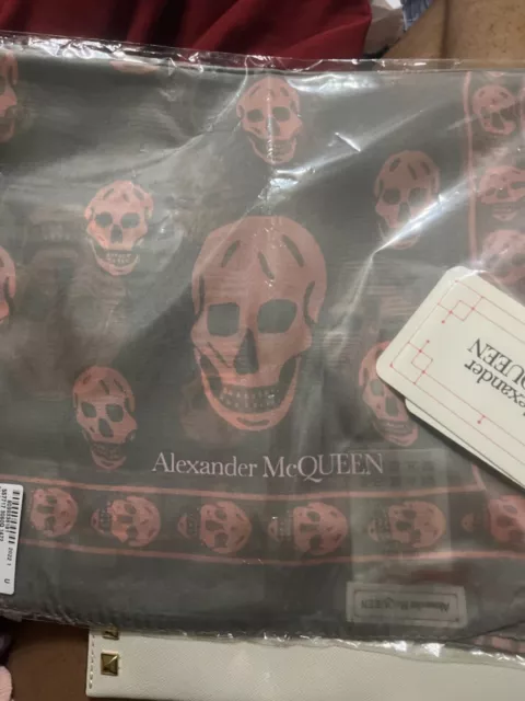 NWT Alexander McQueen Classic Sheer Silk Skull Print Pink & Gray Logo Scarf
