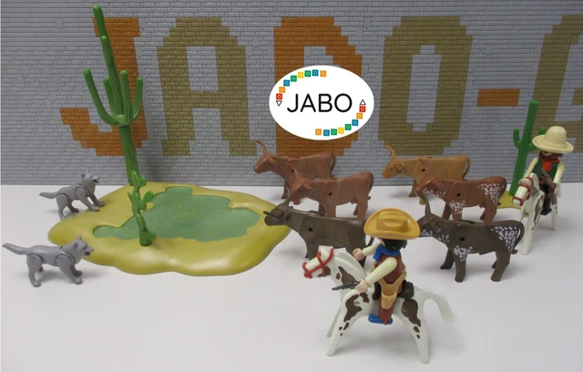 E 17) PLAYMOBIL Longhorn rebaño de ganado en punto de agua Western
