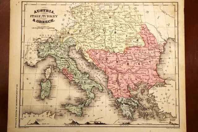 1872 Rare Antique Mcnally Atlas Map-Austria, Italy, Turkey, & Greece