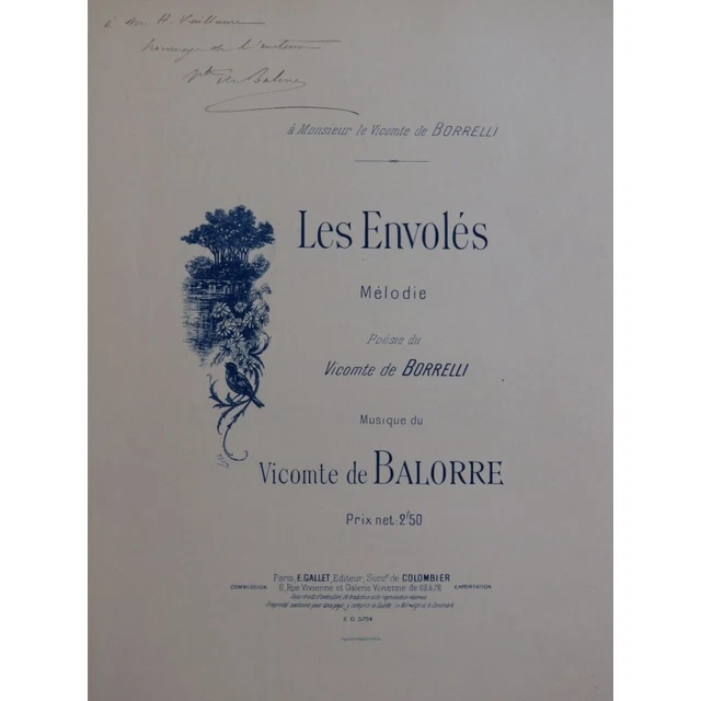 DE BALORRE Vicomte Les Envolés Dédicace Chant Piano ca1900