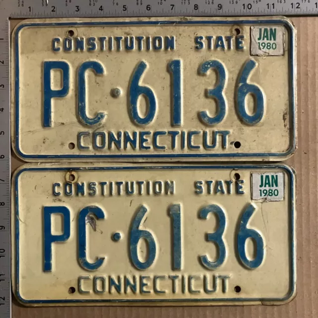 1980 Connecticut license plate pair PC-6136 YOM DMV January 80 stickers 14013