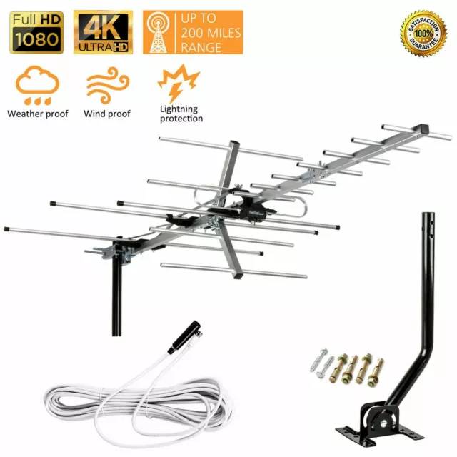 HDTV Yagi Outdoor Antenna Amplified Digital VHF UHF 200 Miles Mounting Pole