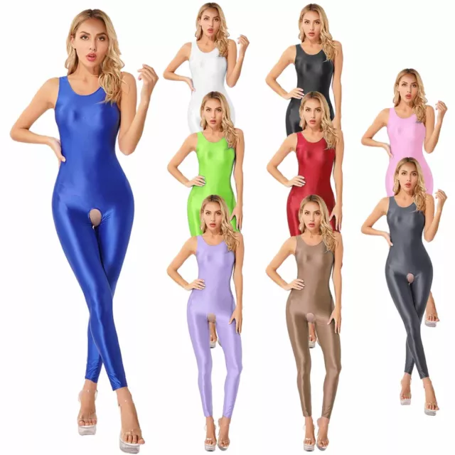 Sexy Women Sleeveless Bodycon Bodysuit Glossy Hollow Out 1Piece Jumpsuit Leotard 3
