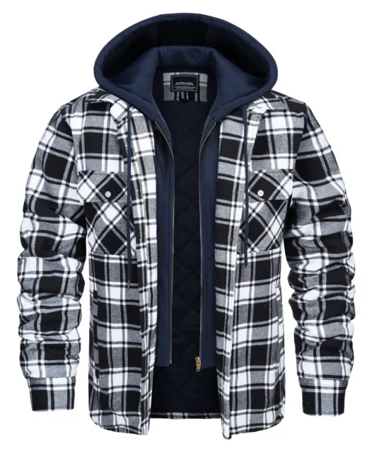 Mens Thicken Flannel Shirt Jacket Removable Hood Plaid Quilted Lined Winter Coat