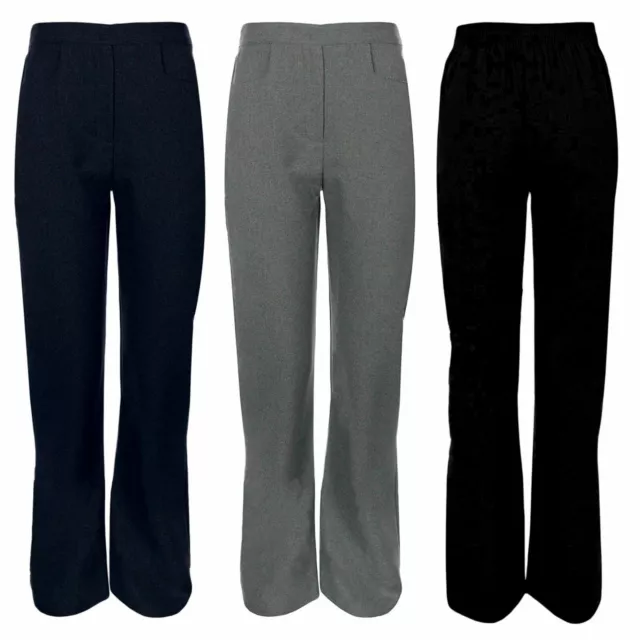 Girls Pull Up School Trousers Half Elasticated Waist Uniform Plain Pants Bottoms