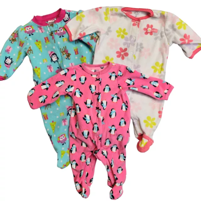 Infant Baby Fleece Sleeper Girls Size 3months Footed Pajamas Lot of 3 Snap & Zip