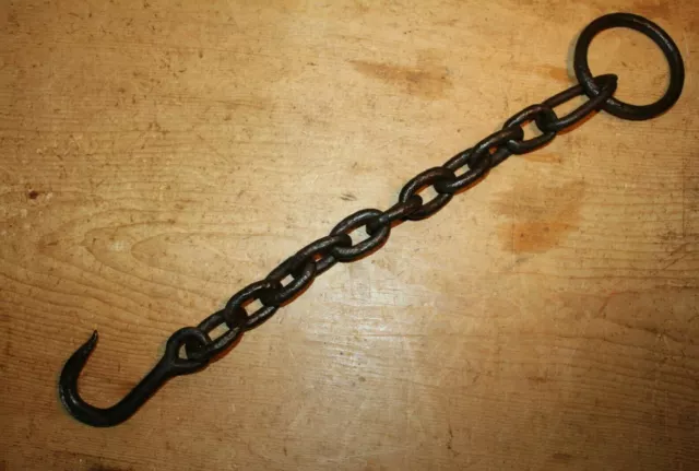 Antique Wrought Iron Hook on Length of Chain Beam Iron Ring 20" Inches 2