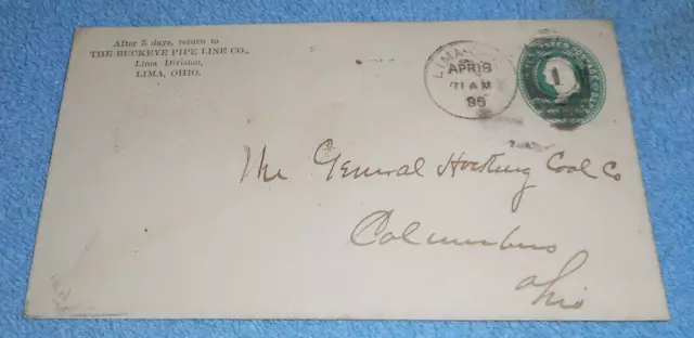 1896 US Cover Buckeye Pipe Line Co Lima Ohio To General Hocking Coal Columbus OH