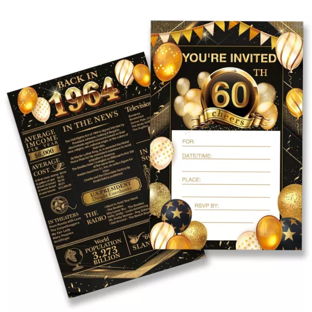 60th Birthday Party Invitations - Back in 1964 Invites Black and Gold 60 Year...