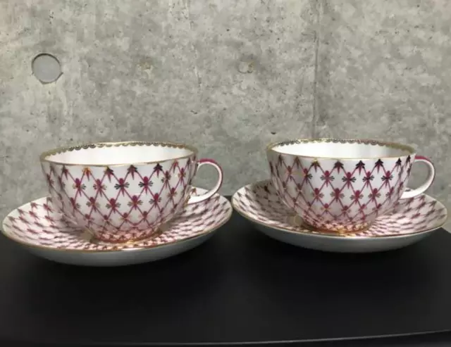 Imperial Porcelain Rose Net Pink Tea Cup & Saucer Set of 2 Lomonosov Pink Luska