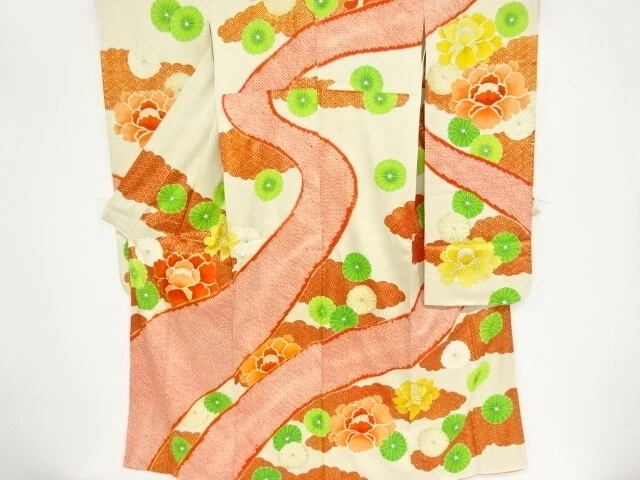 40643# Japanese Kimono / Antique Furisode / Embroidery / Shibori / Peony & K