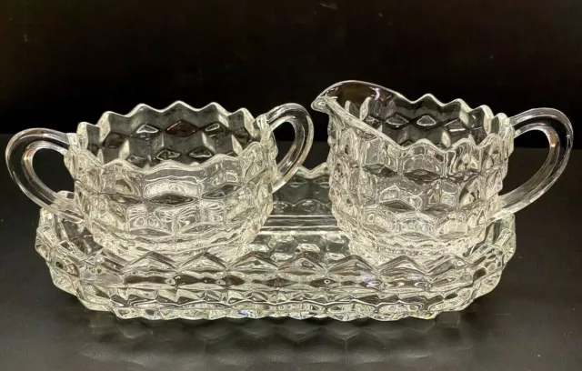 Vintage Jeannette Cube Cubist Clear Depression Glass Cream & Sugar Set