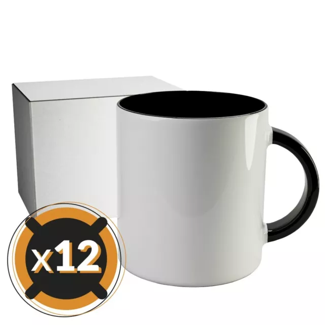 PixColor - 12 Tazas para sublimación blancas con interior negro | 350 ml