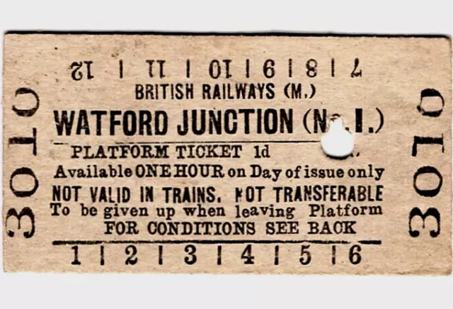 Railway platform ticket: B.R. (M): WATFORD JUNCTION (No.1)