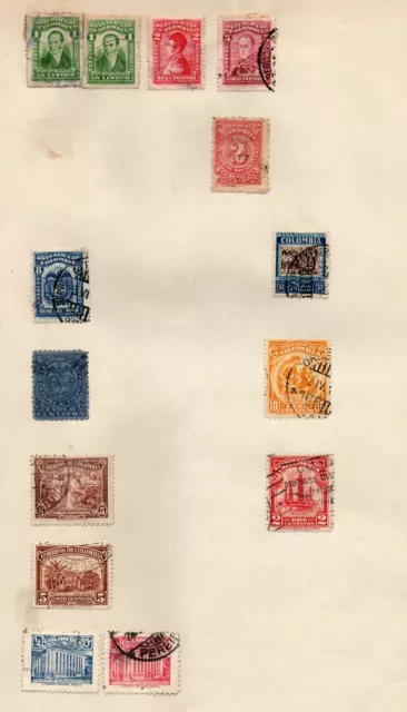 Colombia selection of 14 stamps on page from an old European collection.